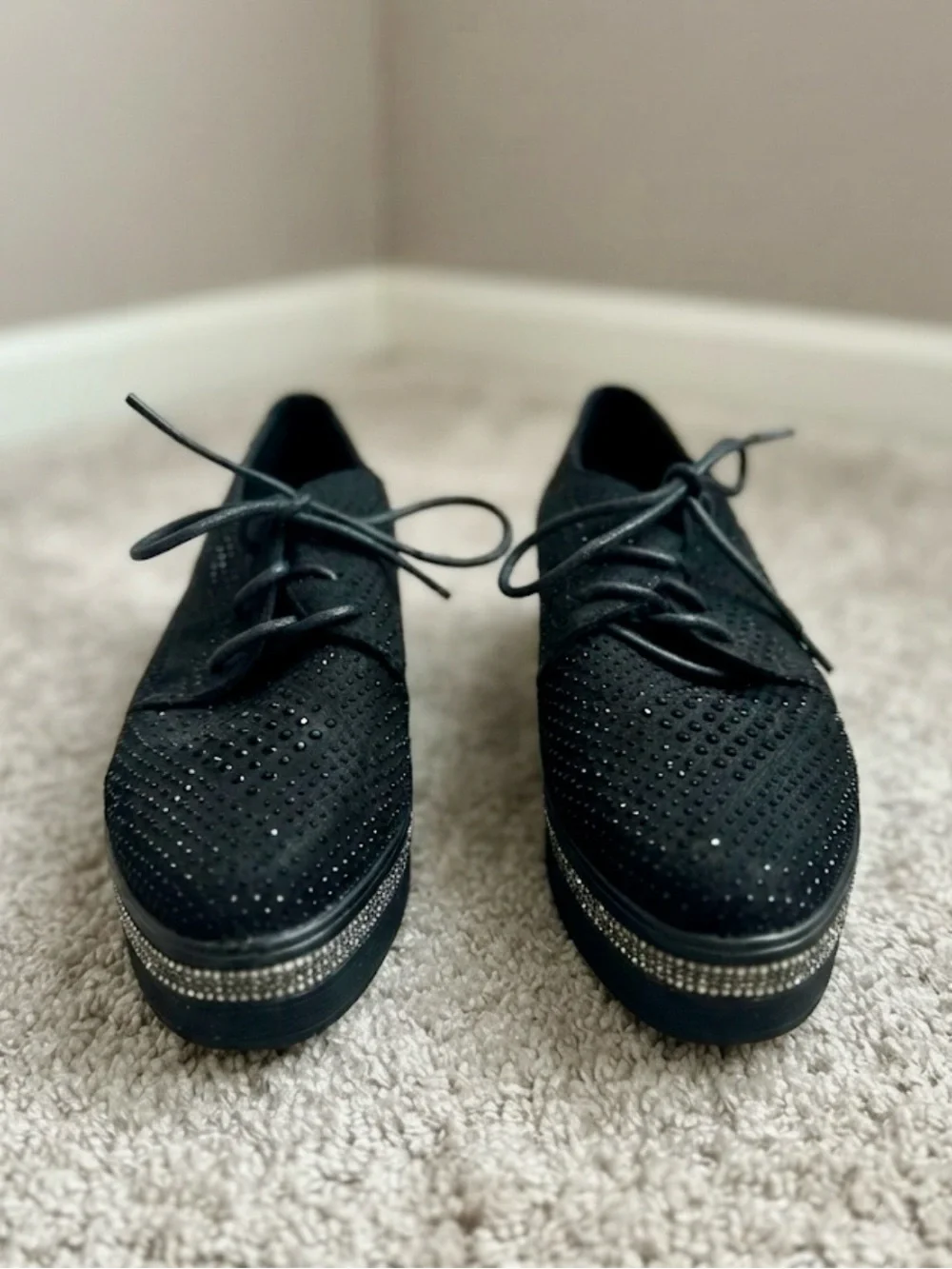 Italina Black Rhinestone Platform Oxford Shoes – Size 37 (Approx. US 7)